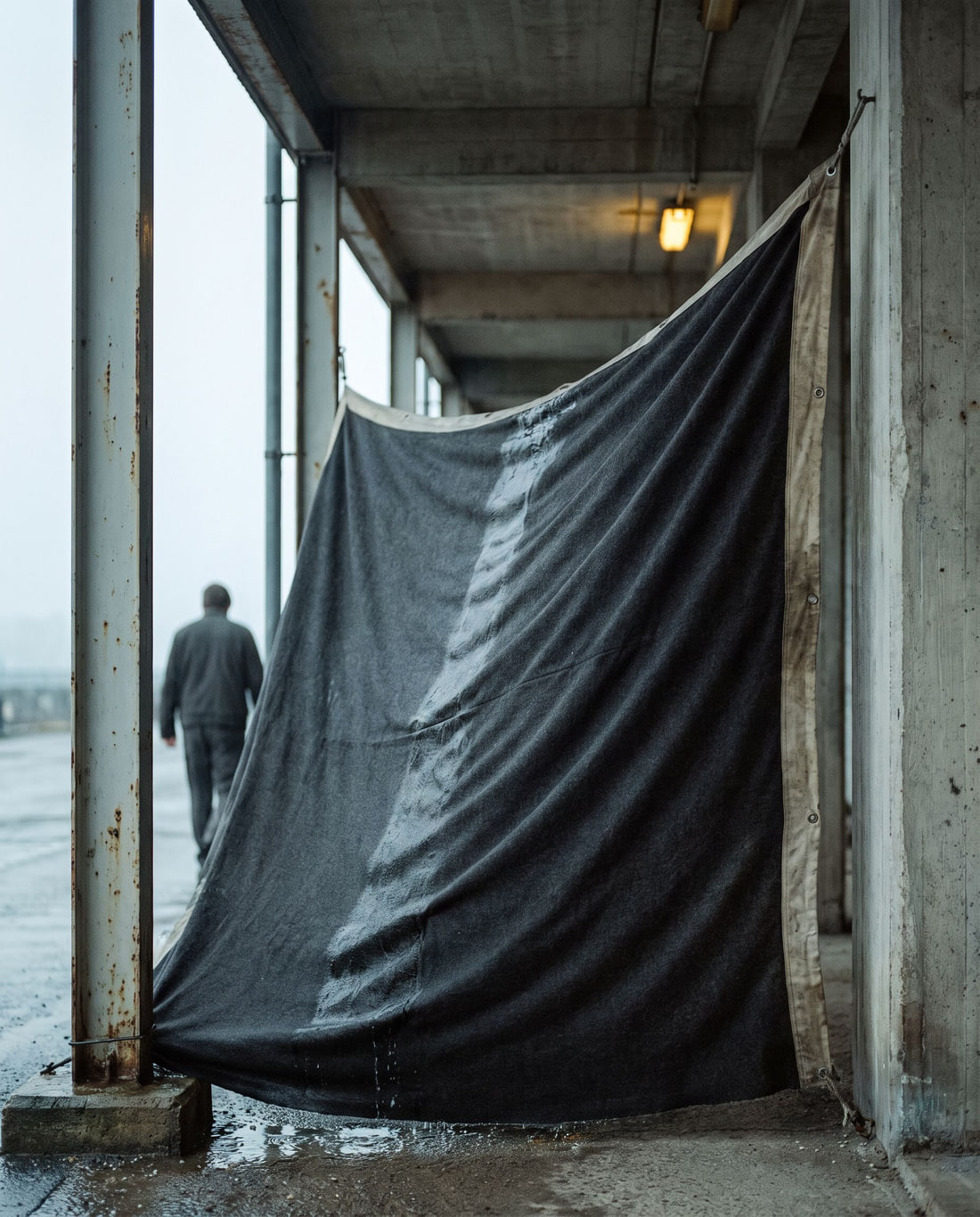 Heavy dark fabric forming a provisional windbreak in an exposed semi-open structure.