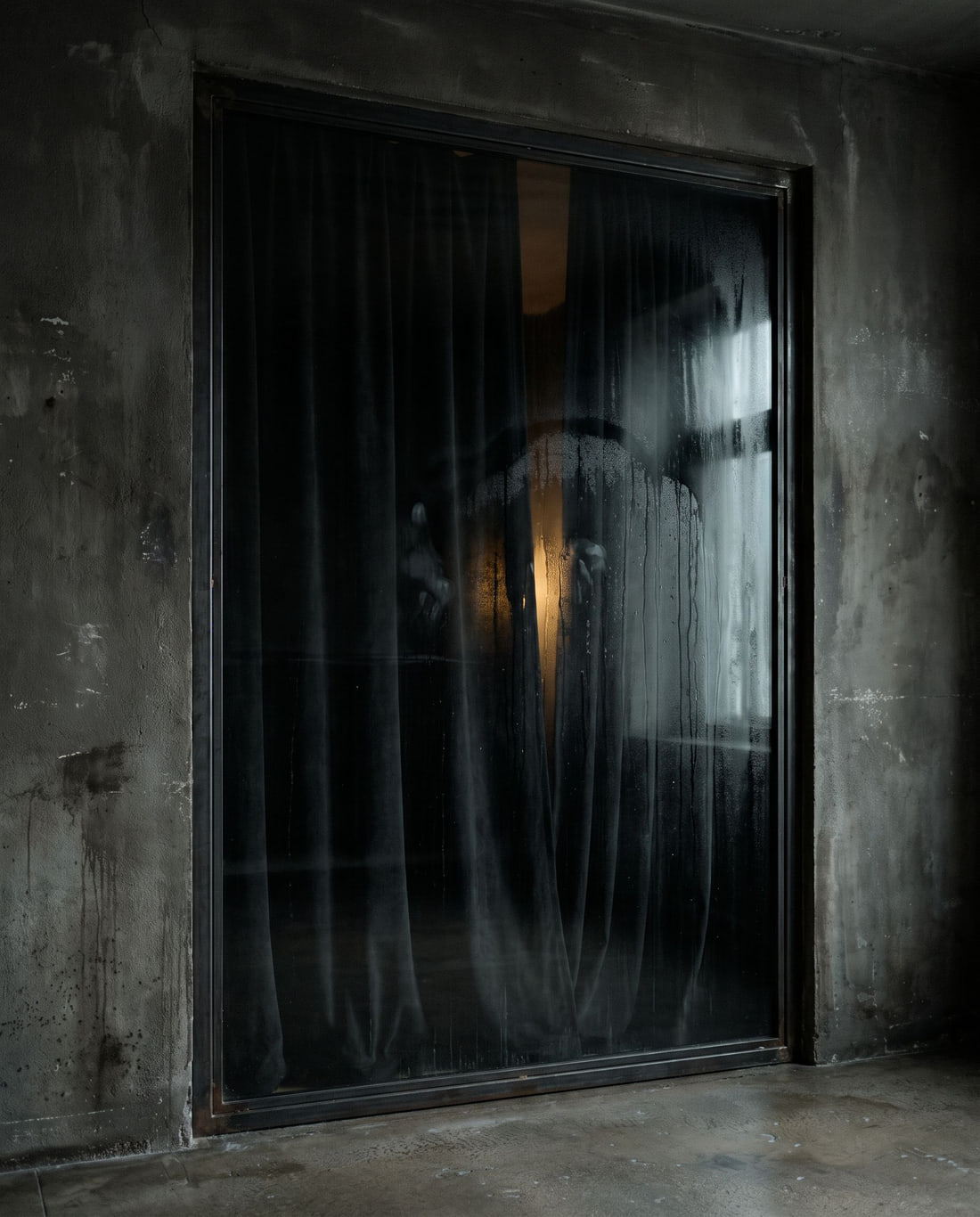 Dark smoked-glass architectural surface with wet reflections and a faint amber glow.