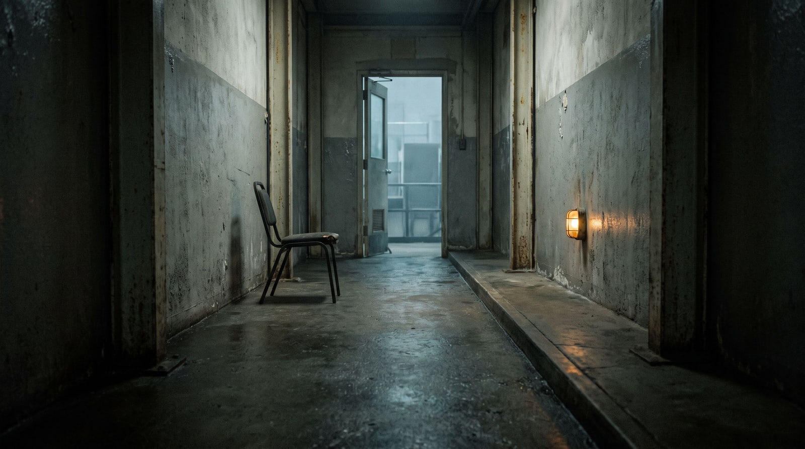 Empty corridor with a displaced chair, a pale opening and a small amber light.