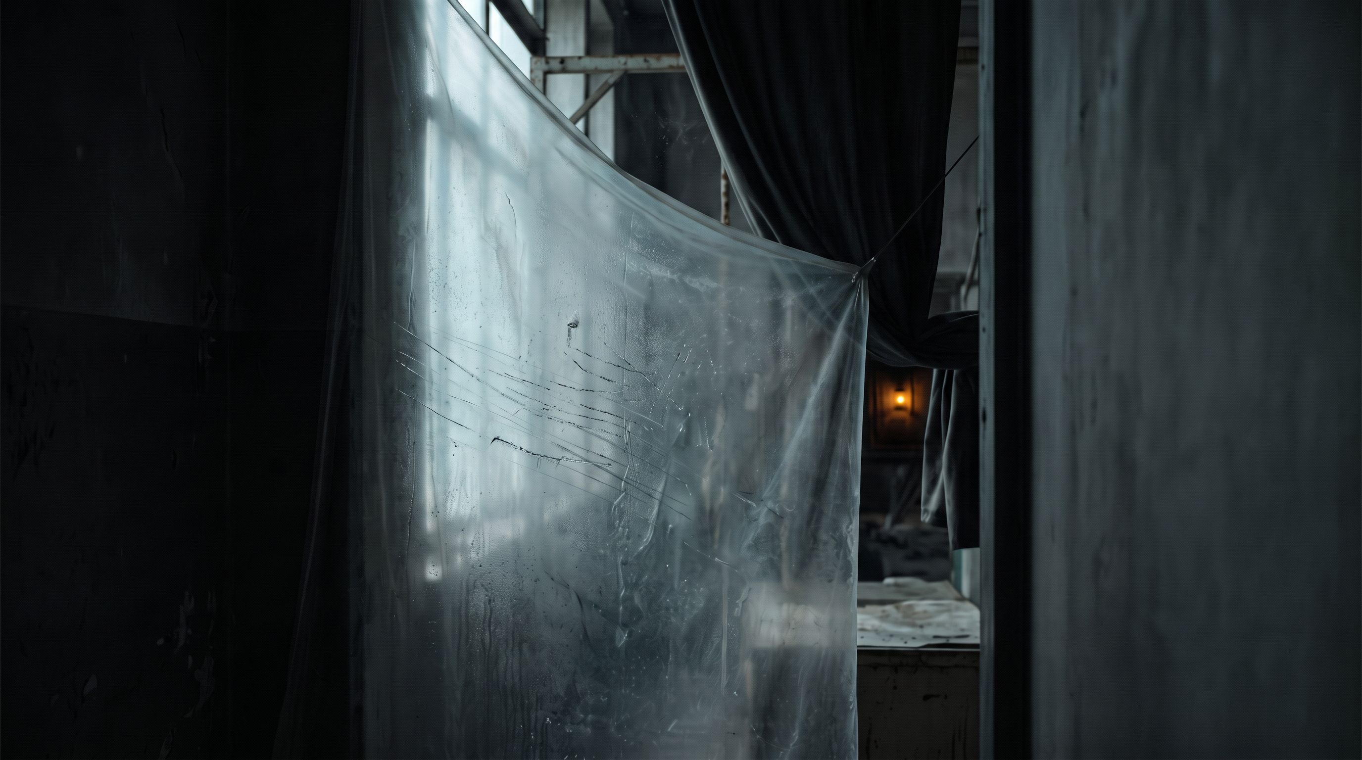 A scratched translucent sheet hangs between dark curtains in a narrow industrial passage, with a small amber light beyond.