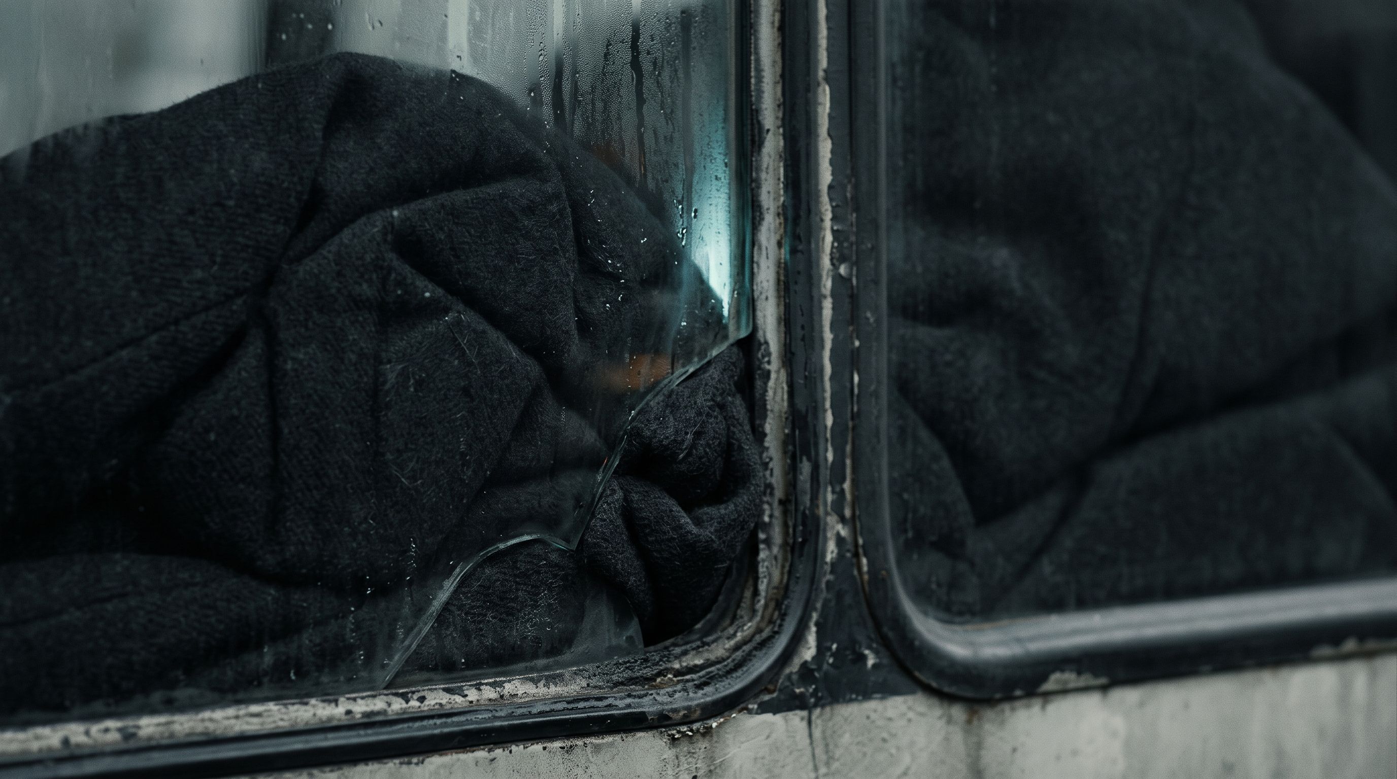 Heavy black fabric bunches behind a corroded metal window frame, its folds pressed against the glass.