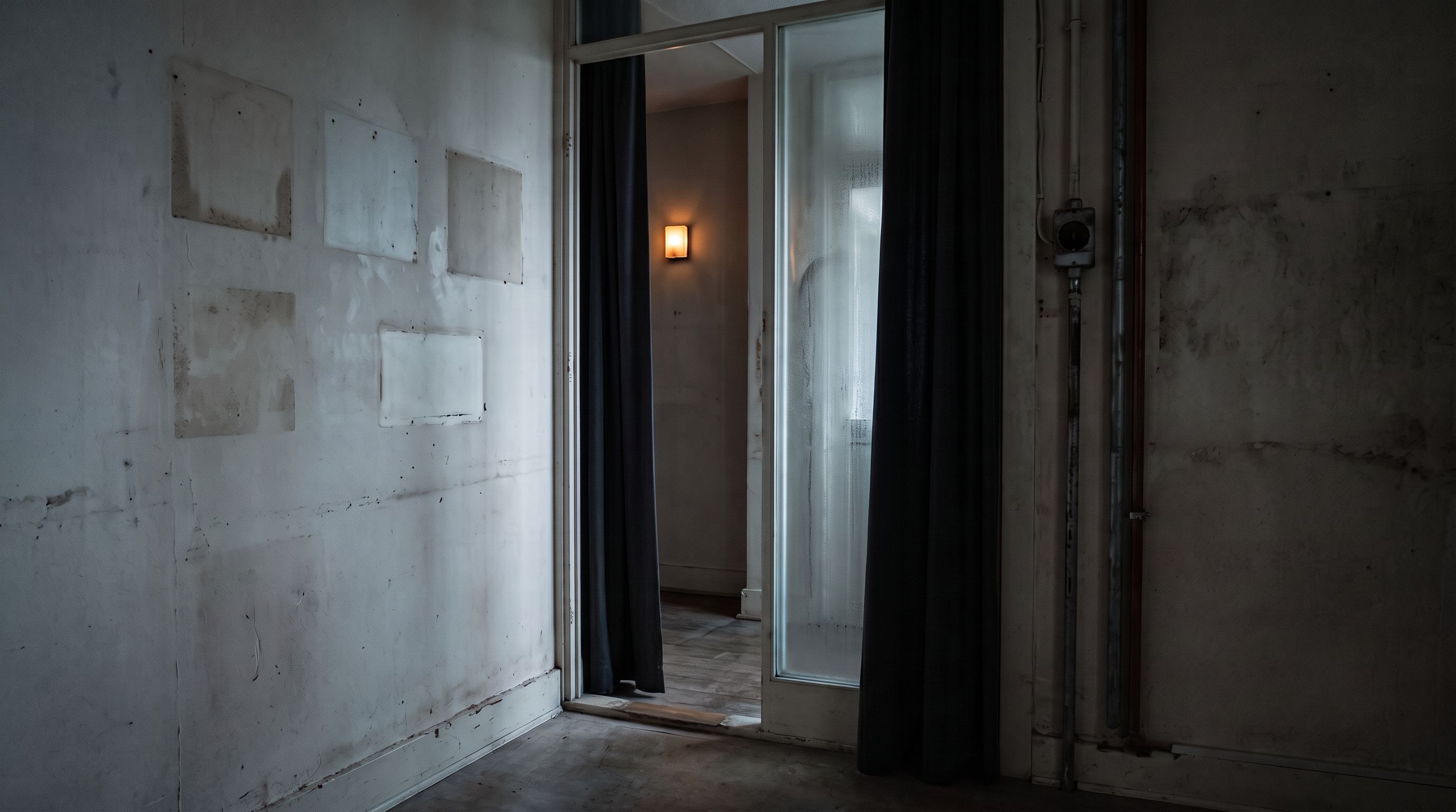 A black curtain frames a frosted doorway in a bare concrete room, with a small amber lamp beyond.