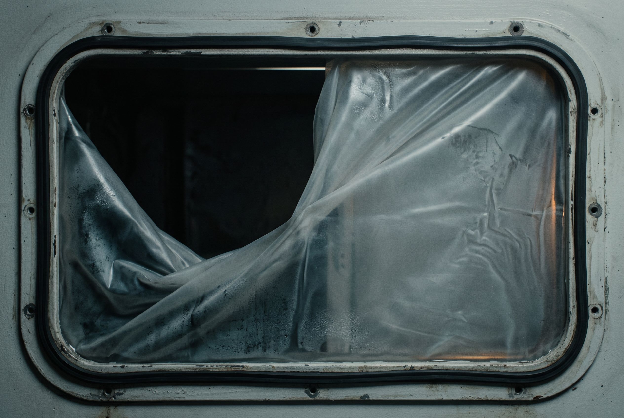 A torn translucent sheet is stretched across the window of an abandoned vehicle, dividing the dark interior from pale light.