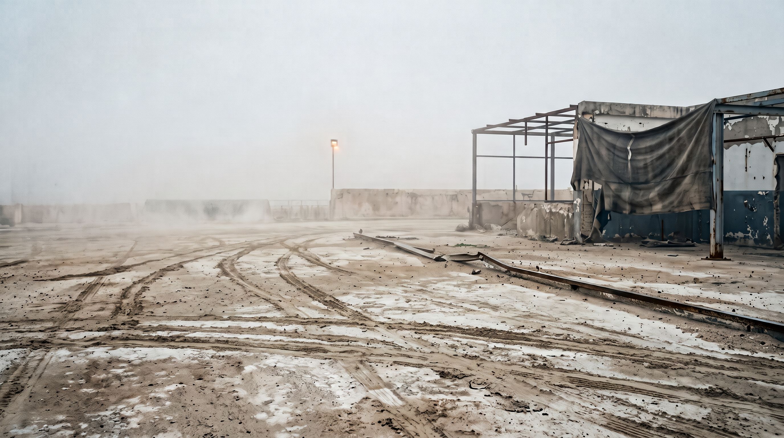Tyre tracks cross a bleached salt flat towards a skeletal shelter draped with dark fabric.