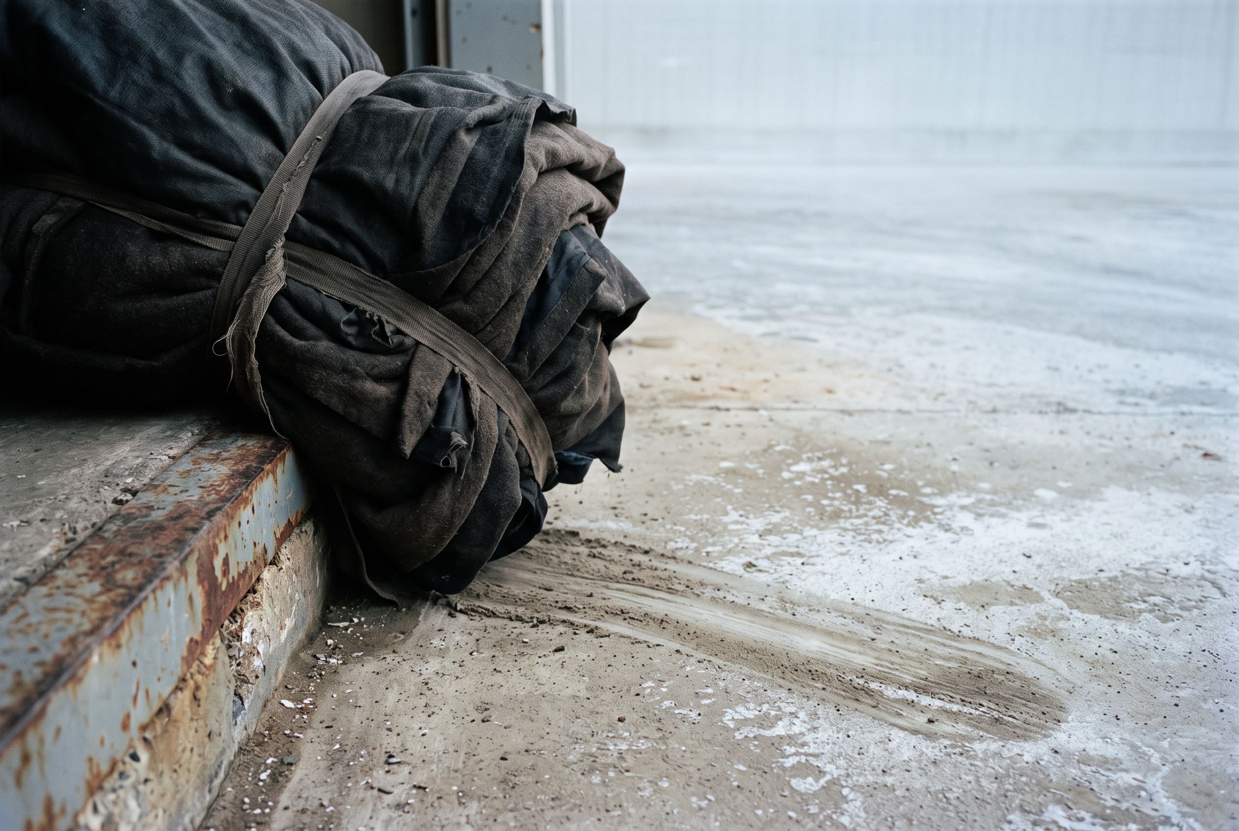 A rope-bound bundle of dark fabric rests on rusted metal beside a pale, exposed landscape.