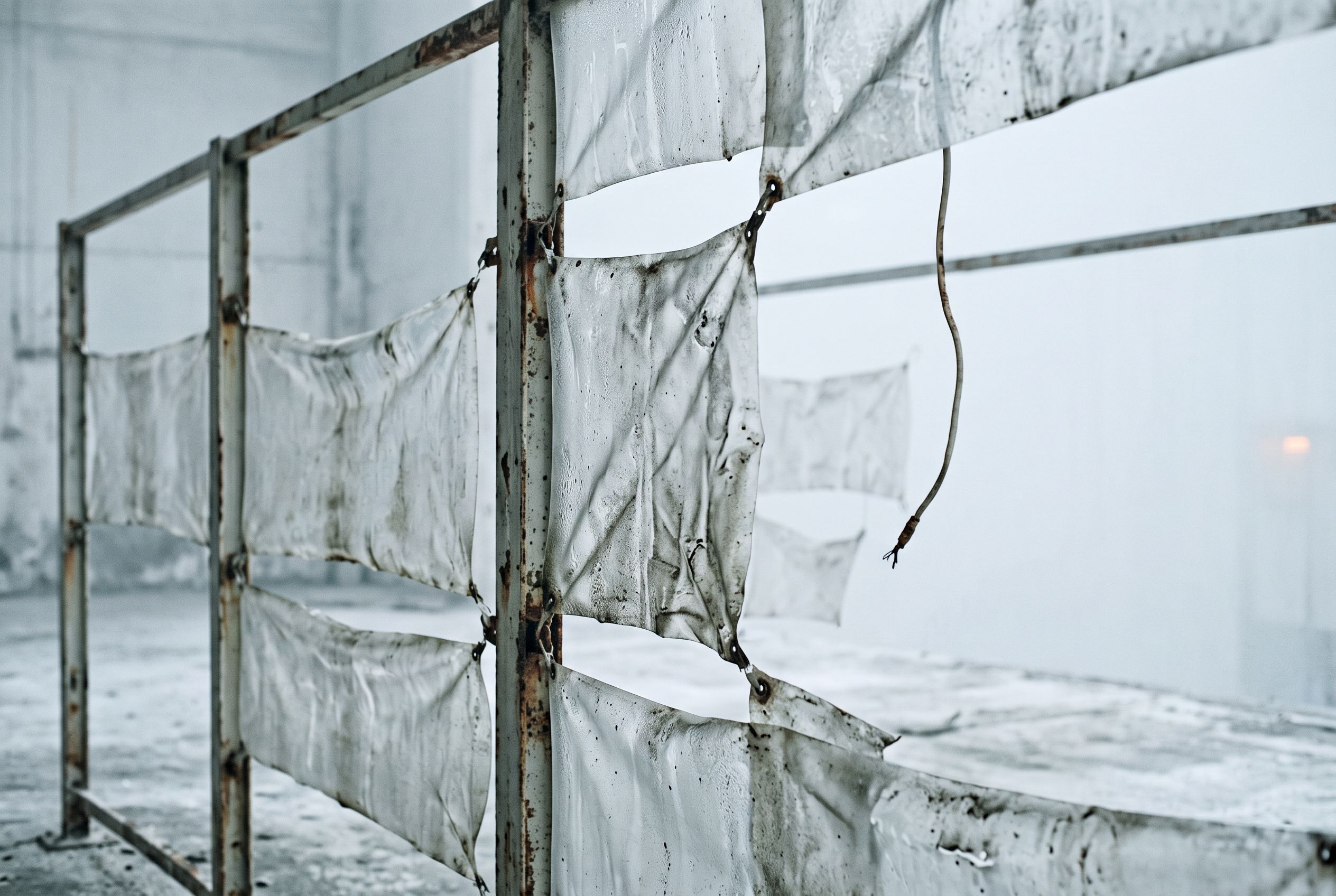 Torn translucent strips hang from a rusted frame while a loose cable crosses the pale horizon.