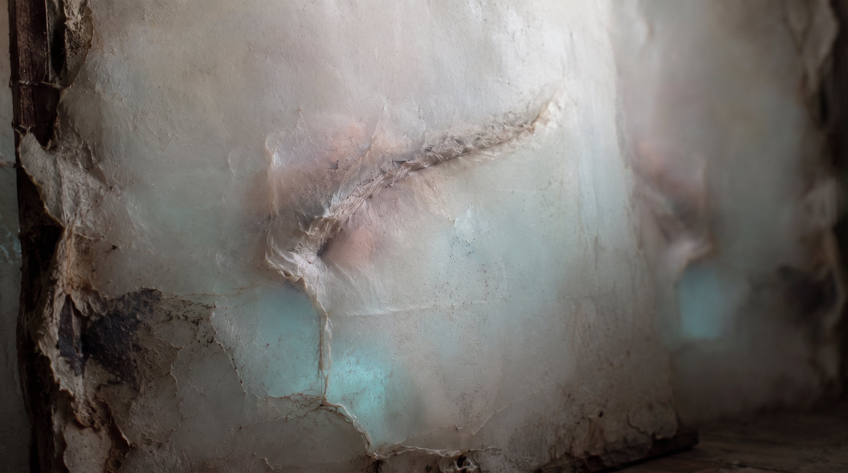 A milky repair layer spreads across a worn wall, its raised scar holding pale cyan and pink light.