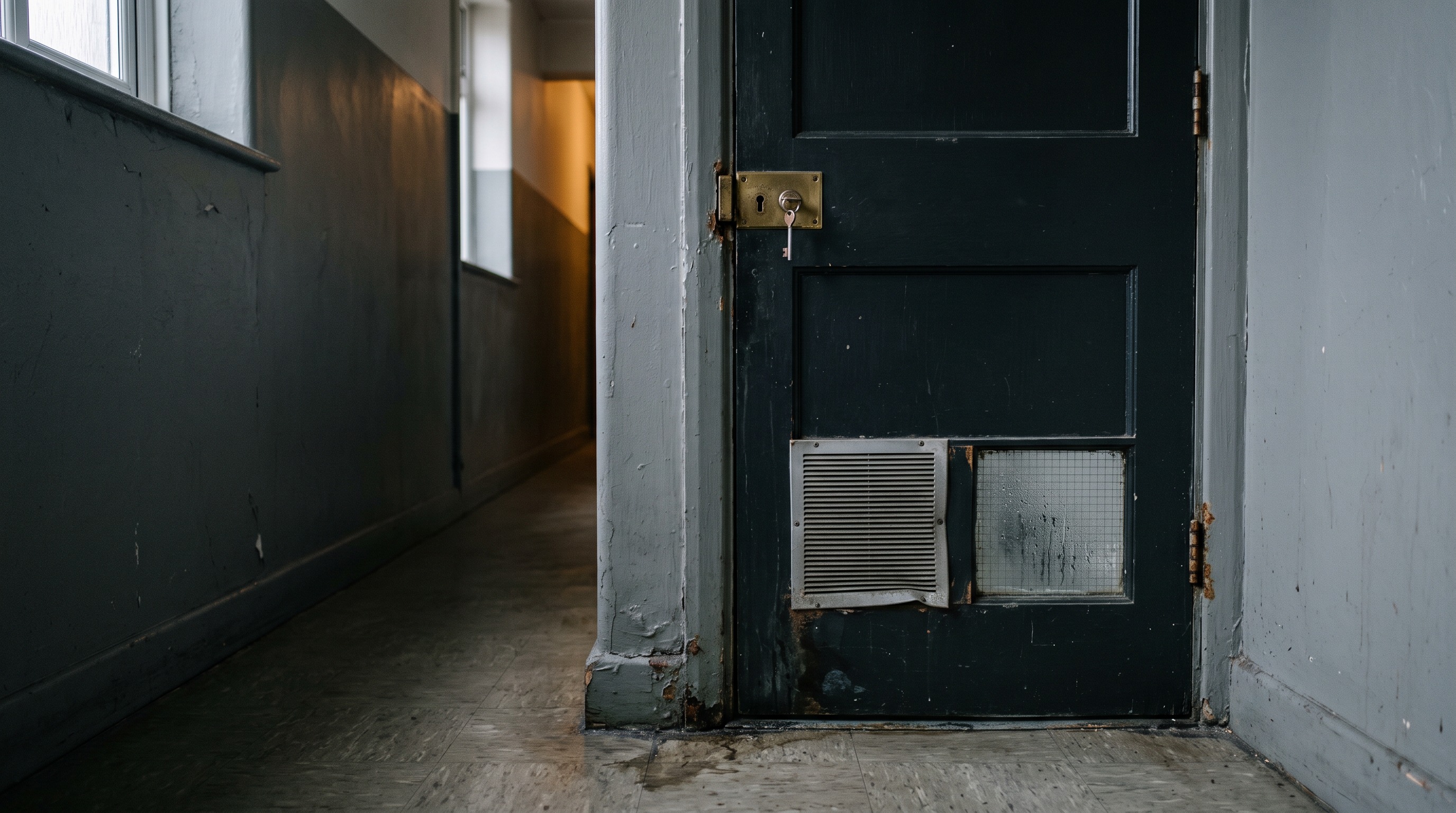 A dark service door with two metal vent panels stands at the end of a narrow worn corridor lit by small amber wall lamps.