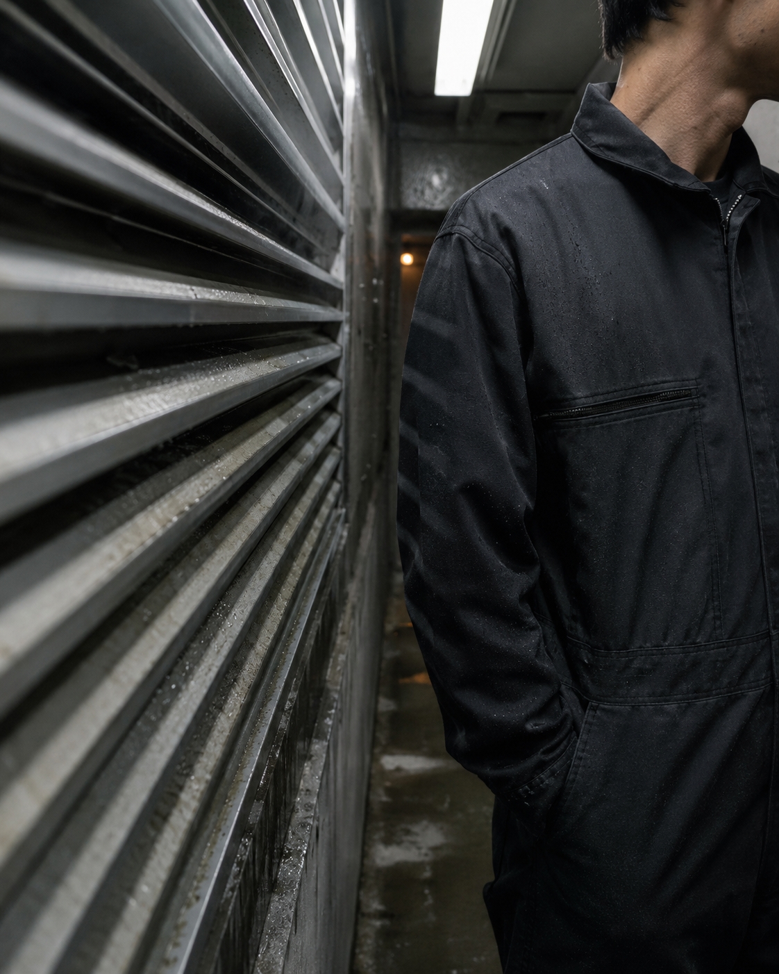 A person in dark work clothes stands in a narrow service passage beside large metal ventilation louvres.