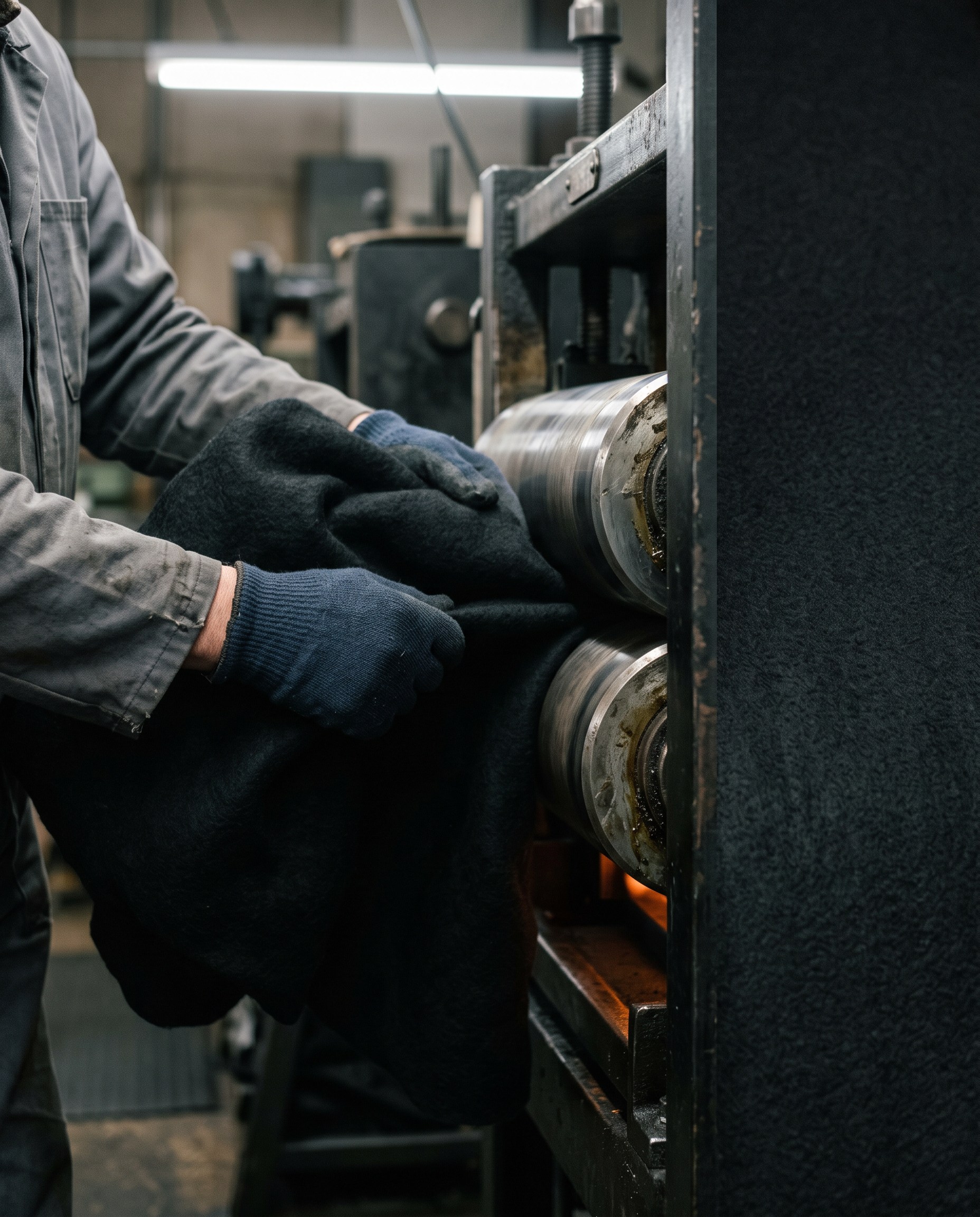 Gloved hands guide heavy black fabric into the metal rollers of an industrial textile machine.