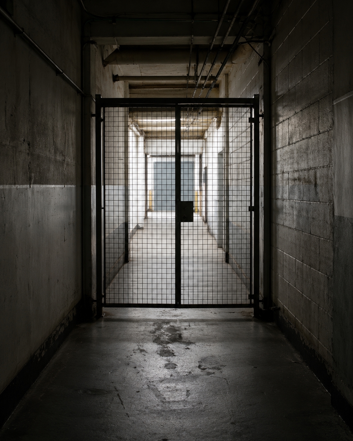 A narrow concrete corridor leads to a closed metal mesh gate with a bright opening clearly visible beyond it.
