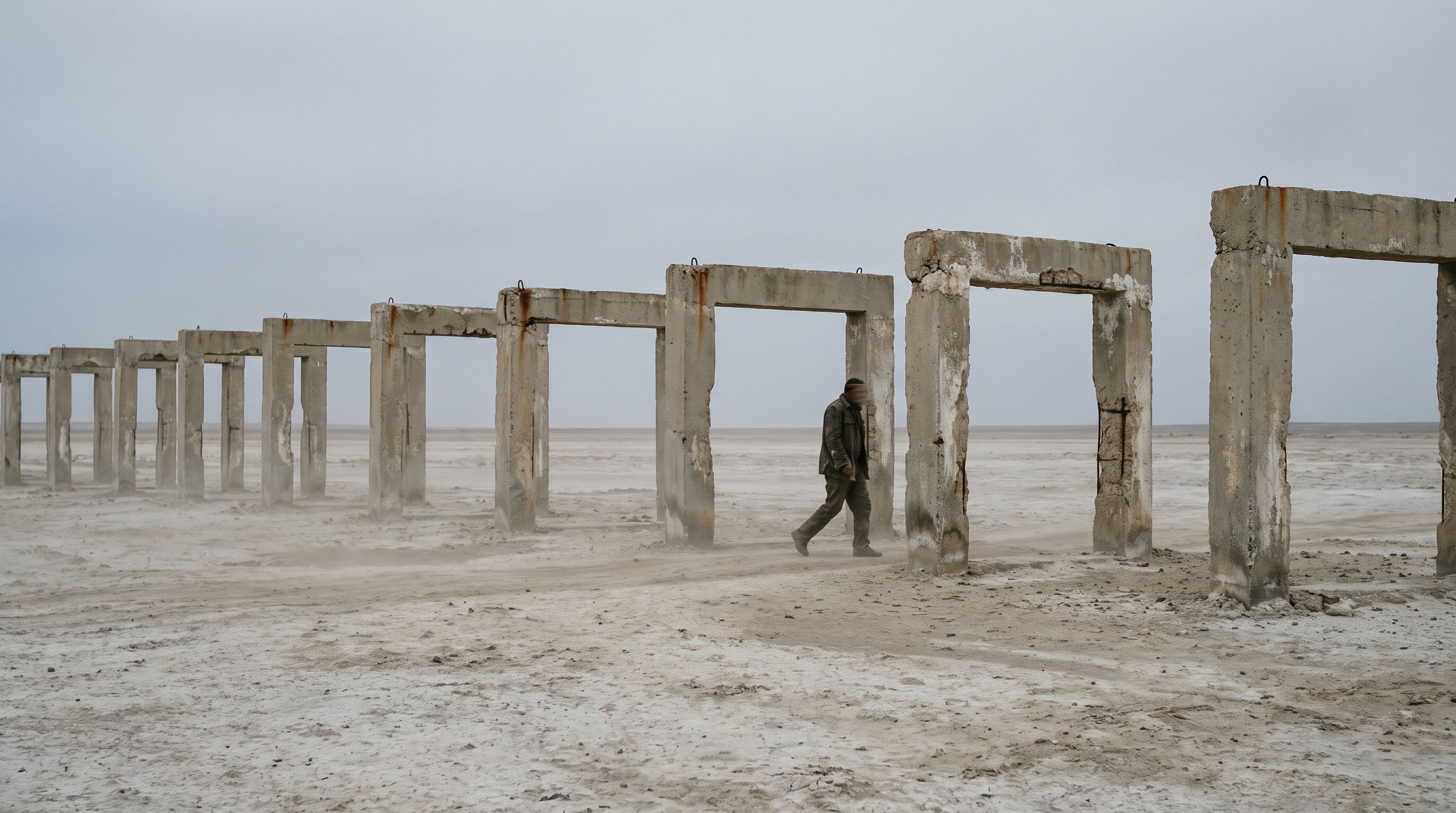 A lone figure walks between repeated concrete frames across a vast, pale salt flat.