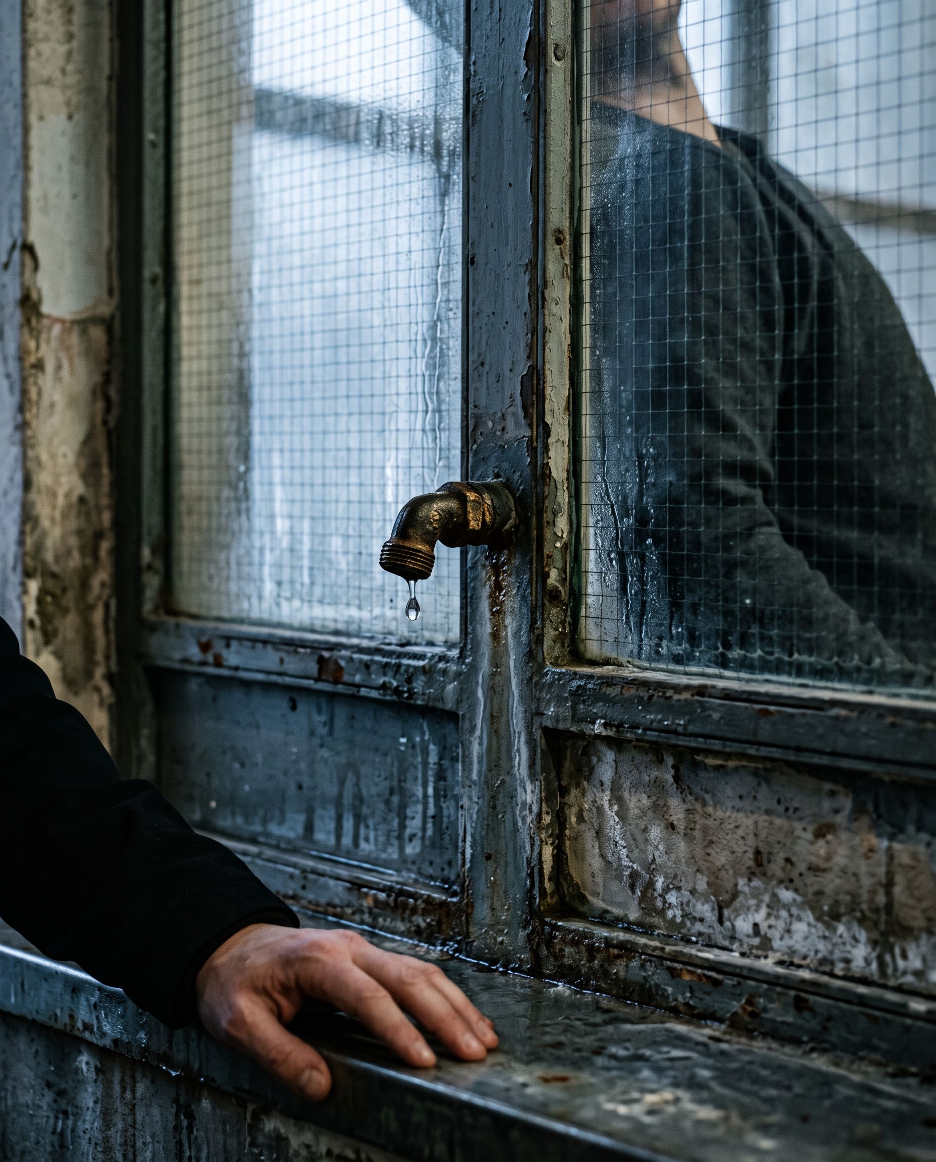 A single drop hangs from a rusted tap between two people separated by wired glass.