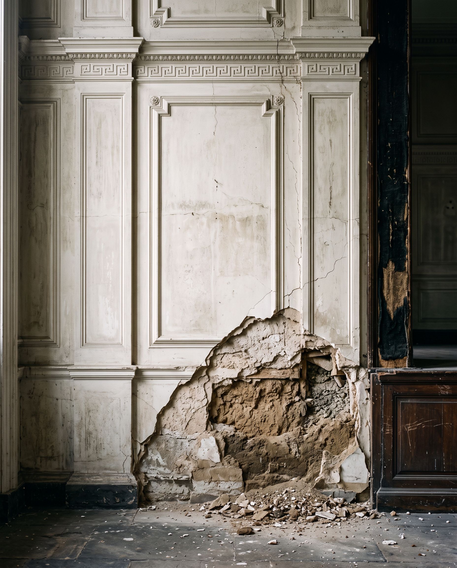 A section of an ornate white institutional wall has collapsed at floor level, exposing rubble beside a dark doorway.
