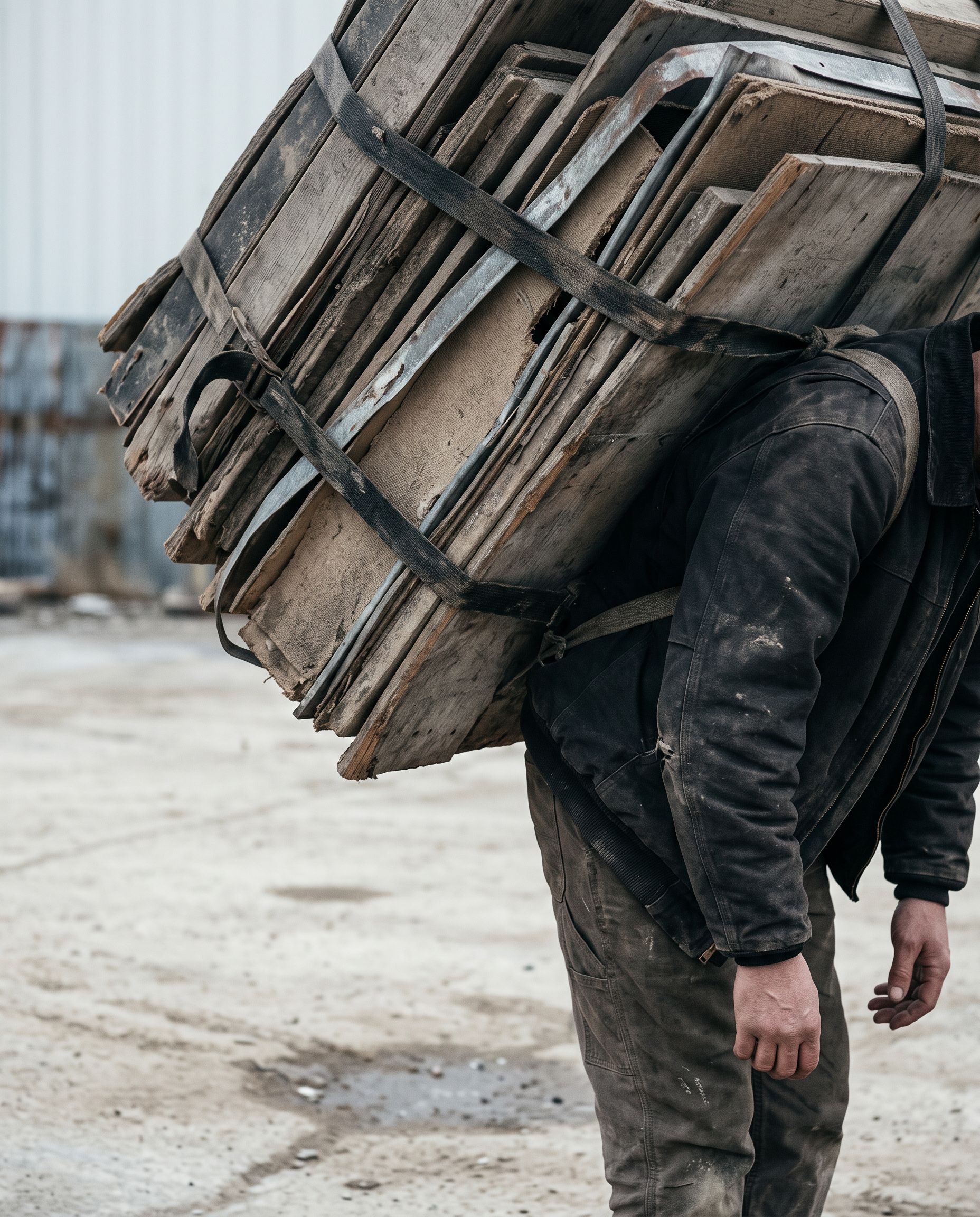A person walks hunched beneath a towering bundle of wooden crates strapped to their back.