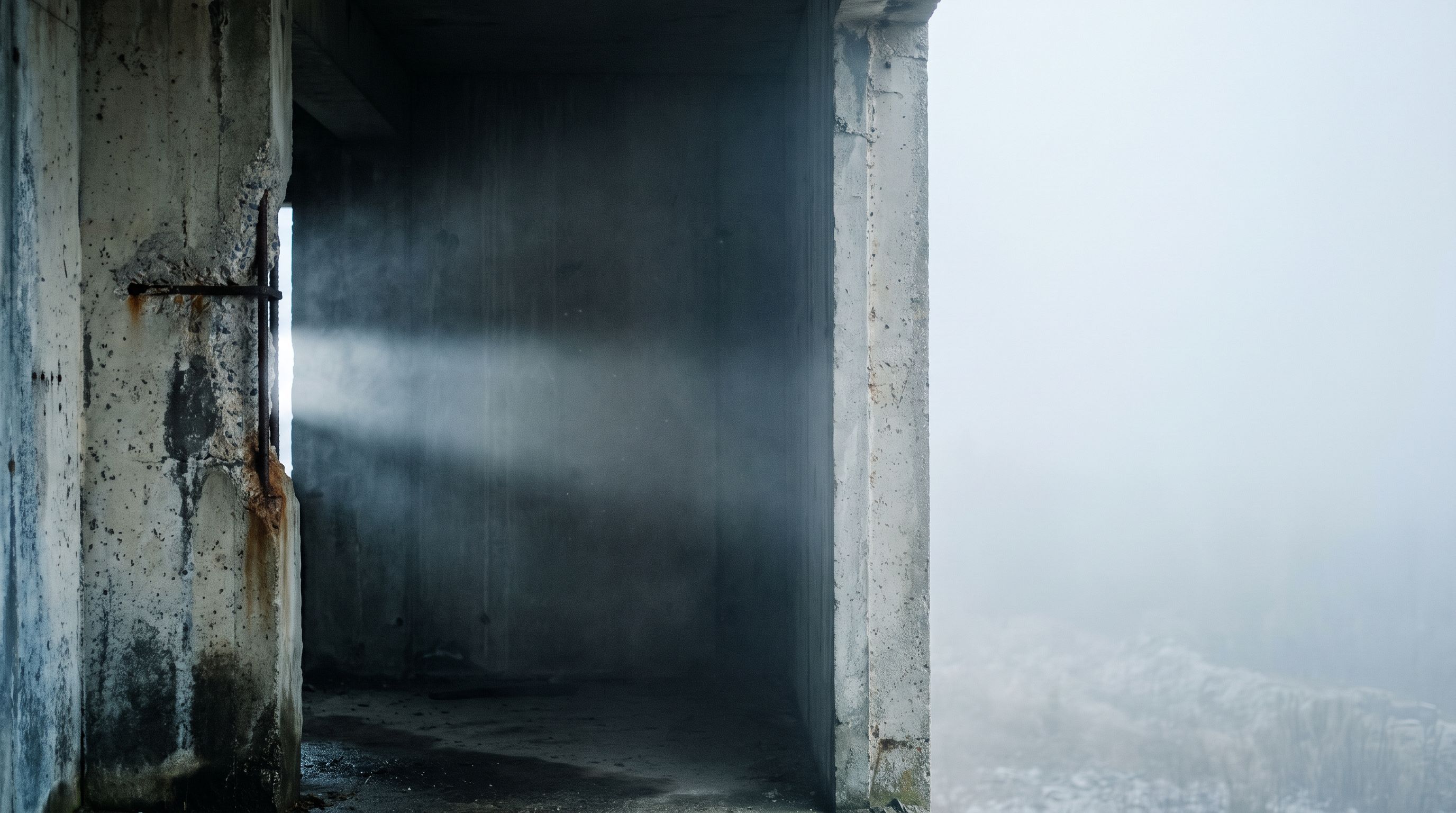 A dark doorway opens onto dense white fog, with no figure or destination visible.