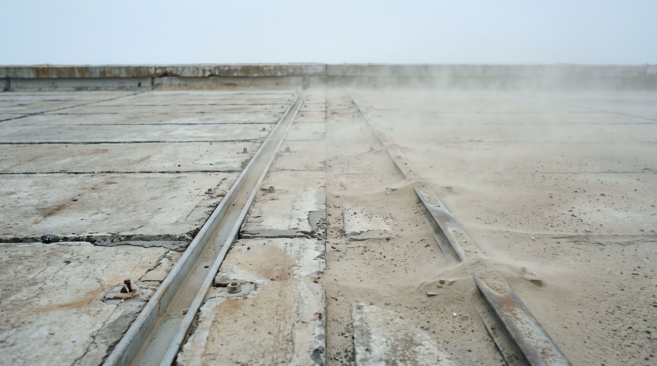 Parallel rails run across a bleached salt flat and disappear into windblown dust.
