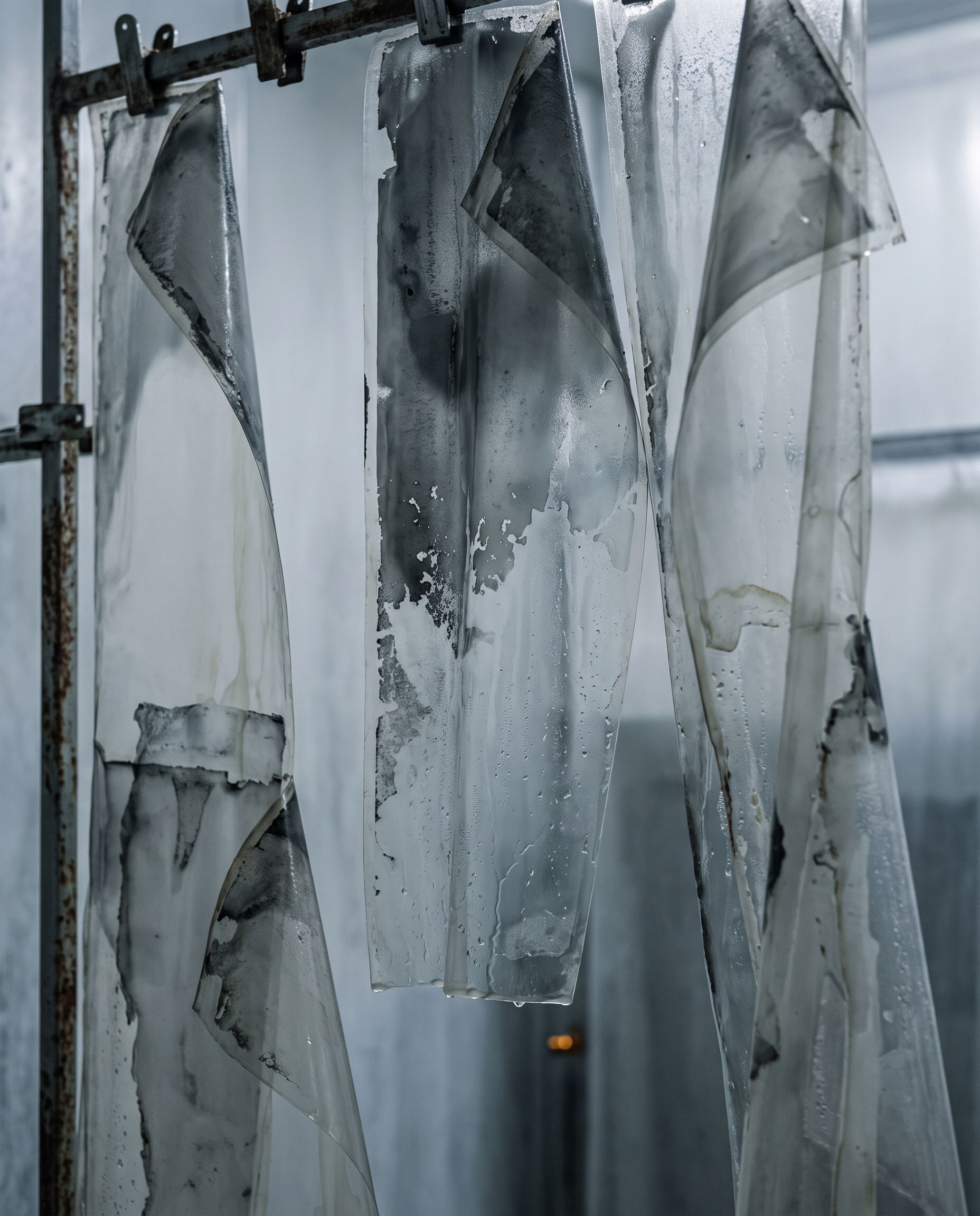 Torn translucent strips hang from a corroded frame, with a small amber light behind them.